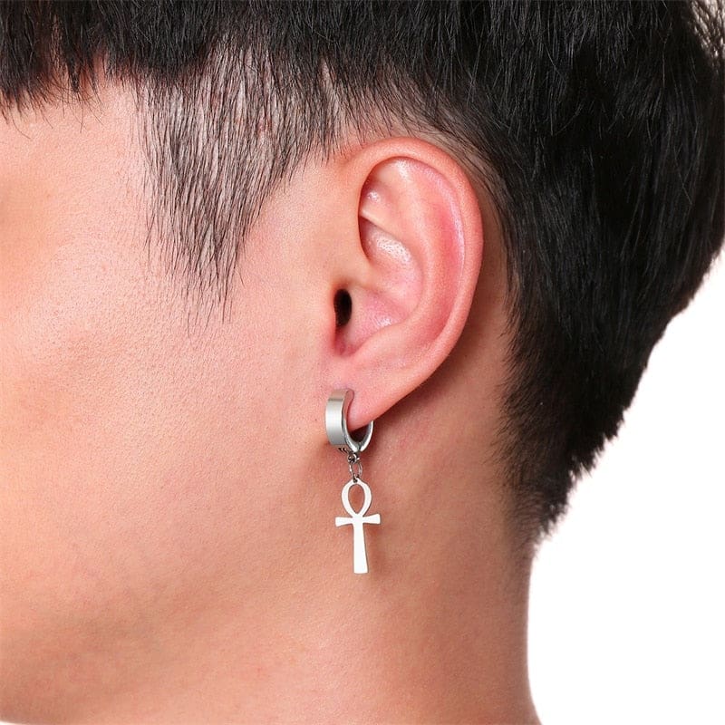 Boucles D'oreilles Créoles Unisexe Croix Et Plumes - Acier Inoxydable Titane - Style Punk Rock Pour Homme Et Femme