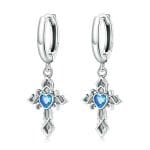 Boucles d'Oreilles Croix Diamants Bleus